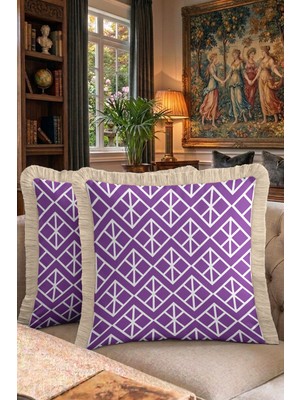 Hanna Home Saçaklı Kırlent Kılıfı Lila Mor Mor Geometrik Desenli Yastık Kılıfı Oturma Odası Kırlenti 43X43 cm