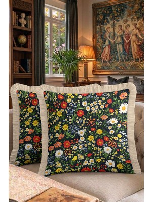 Hanna Home Dekoratif Kırlent Kılıfı Çiçek Desenli Saçaklı Kırlent Ev Dekorasyonu 43X43 cm Dijital Baskılı