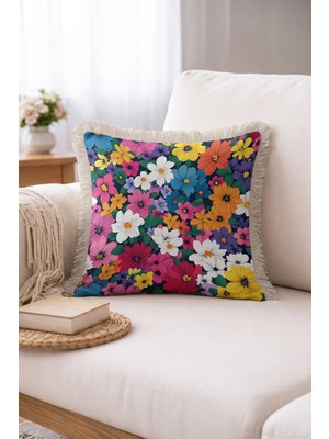 Hanna Home Dekoratif Yastık Kılıfı Renkli Çiçekli Saçaklı Kırlent Kanepe Dekorasyonu 43X43 cm