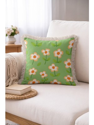 Hanna Home Dekoratif Yastık Kılıfı Botanik Floral Desenli Ev Dekorasyonu Saçaklı Kırlent Kılıfı 43X43 cm