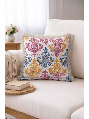 Hanna Home Saçaklı Kırlent Kılıfı Çiçek Desenli Dekoratif Kırlent Kılıfı Ev Dekorasyonu 43X43 cm