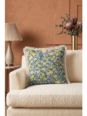 Hanna Home Botanik Floral Desenli Saçaklı Kırlent Kılıfı Yastık Kılıfı Yatak Odası Dekoru 43X43 cm