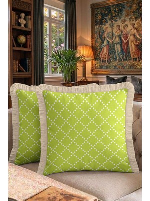 Hanna Home Dekoratif Kırlent Kılıfı Yeşil Kare Desenli Ev Dekorasyonu Saçaklı Kırlent Kılıfı 43X43 cm