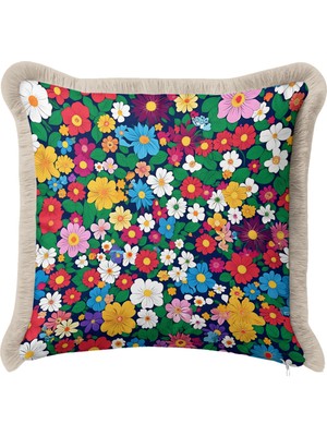 Hanna Home Çiçek Desenli Saçaklı Kırlent Kılıfı Yastık Kılıfı Oturma Odası Kırlenti 43X43 cm