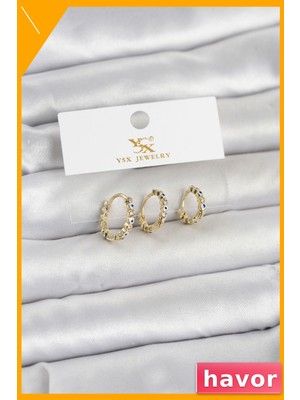 Havor Nazarlı Model 3'lü Pirinç Kadın Küpe Gold Renk