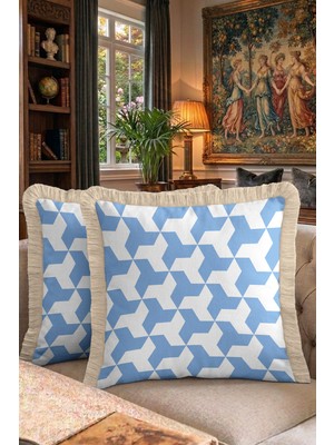 Hanna Home Dekoratif Kırlent Kılıfı Geometrik Desenli Mavi Beyaz Yastık Kılıfı Ev Dekorasyonu 43X43 cm
