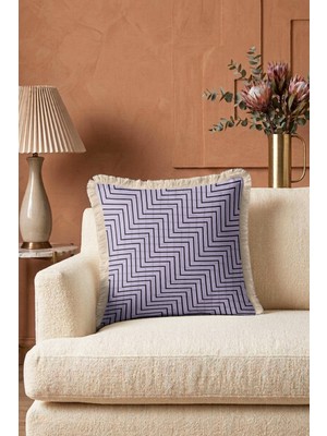Hanna Home Dekoratif Yastık Kılıfı Kırlent Kılıfı Mor Zikzak Desenli Salon Koltuk Yastığı Saçaklı Saçaklı Kırlent 43X43 cm