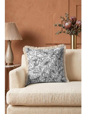 Hanna Home Dekoratif Kırlent Kılıfı Krem Beyaz Çiçek Desenli Saçaklı Kırlent Ev Dekorasyonu 43X43 cm