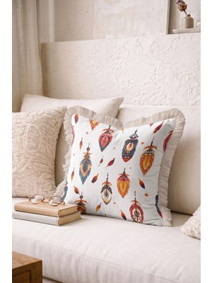 Hanna Home Saçaklı Kırlent Kılıfı Etnik Tüy Desenli Yastık Kılıfı Salon Koltuk Yastığı 43X43 cm