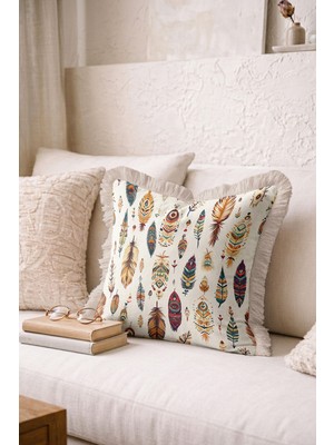 Hanna Home Saçaklı Kırlent Kılıfı Etnik Tüy Desenli Ev Dekorasyonu Saçaklı Yastık Kılıfı 43X43 cm