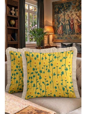 Hanna Home Çiçek Desenli Saçaklı Kırlent Kılıfı Saçaklı Kırlent Ev Dekorasyonu 43X43 cm Dijital Baskılı