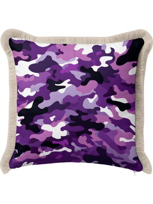Hanna Home Saçaklı Saçaklı Kırlent Kırlent Kılıfı Mor Kamuflaj Desen Dekoratif Yastık Kılıfı Salon Koltuk Yastığı 43X43 cm