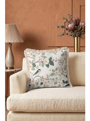 Hanna Home Saçaklı Yastık Kılıfı Doğa Temalı Kuş ve Çiçek Motifli Dekoratif Kırlent Kılıfı Kanepe Dekorasyonu 43X43 cm
