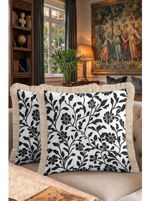 Hanna Home Saçaklı Kırlent Kılıfı Krem Beyaz Kırlent Kılıfı Siyah Beyaz Çiçek Desenli Dekoratif Yastık Kılıfı Yatak Odası Dekoru