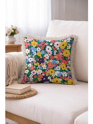 Hanna Home Saçaklı Yastık Kılıfı Çiçek Desenli Dekoratif Yastık Kılıfı Kanepe Dekorasyonu 43X43 cm