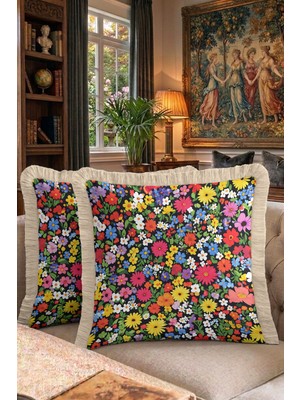 Hanna Home Tropikal Çiçek Desenli Dekoratif Yastık Kılıfı Saçaklı Kırlent Ev Dekorasyonu 43X43 cm