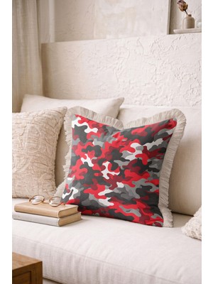 Hanna Home Saçaklı Kırlent Kılıfı Kamuflaj Desenli Dekoratif Kırlent Kılıfı Koltuk Takımı Aksesuarı 43X43 cm