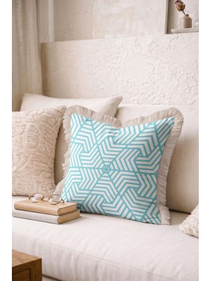 Hanna Home Kırlent Kılıfı Açık Mavi Geometrik Desen Saçaklı Kırlent Kılıfı Saçaklı Kırlent Kanepe Dekorasyonu 43X43 cm