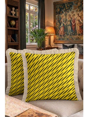 Hanna Home Modern Sarı Siyah Zikzak Desenli Saçaklı Kırlent Kılıfı Saçaklı Kırlent Yatak Odası Dekoru 43X43 cm