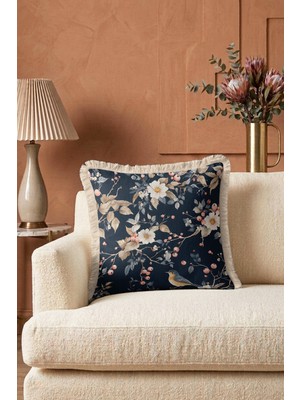 Hanna Home Saçaklı Saçaklı Kırlent Navy Lacivert Kuş ve Çiçek Desenli Dekoratif Kırlent Kılıfı Yatak Odası Dekoru 43X43 cm