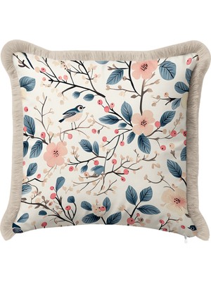 Hanna Home Saçaklı Saçaklı Kırlent Kırlent Kılıfı Kuşlu Çiçek Desenli Kırlent Kılıfı Ev Dekorasyonu 43X43 cm