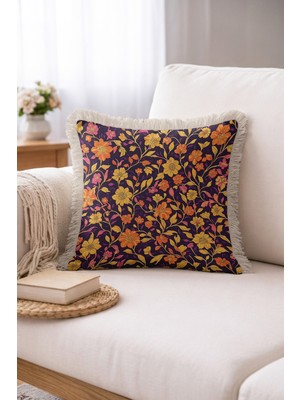 Hanna Home Dekoratif Kırlent Kılıfı Botanik Floral Desenli Kanepe Dekorasyonu Saçaklı Saçaklı Kırlent 43X43 cm