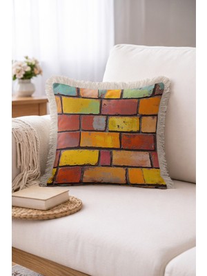Hanna Home Saçaklı Kırlent Kılıfı Renkli Tuğla Desenli Salon Koltuk Yastığı Saçaklı Kırlent Kılıfı 43X43 cm