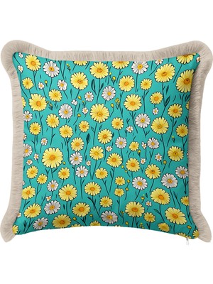 Hanna Home Saçaklı Kırlent Kılıfı Çiçek Desenli Dekoratif Kırlent Kılıfı Yatak Odası Dekoru 43X43 cm