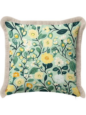 Hanna Home Dekoratif Kırlent Kılıfı Çiçek Desenli Salon Koltuk Yastığı Saçaklı Saçaklı Kırlent 43X43 cm