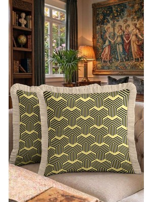 Hanna Home Saçaklı Saçaklı Kırlent Hardal Sarı Dekoratif Geometrik Sarı Dekoratif Yastık Kılıfı Koltuk Takımı Aksesuarı 43X43 cm