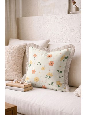 Hanna Home Dekoratif Kırlent Kılıfı Botanik Floral Desenli Saçaklı Kırlent Salon Koltuk Yastığı 43X43 cm