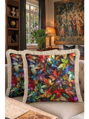 Hanna Home Dekoratif Yastık Kılıfı Çiçek Desenli Salon Koltuk Yastığı Saçaklı Yastık Kılıfı 43X43 cm