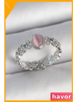 Havor Ayarlanabilir Kadın Yüzüğü Zirkon Taş Detaylı Pembe Mine