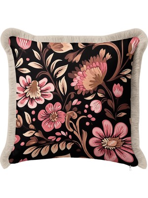 Hanna Home Kırlent Kılıfı Siyah Pembe Çiçek Desenli Saçaklı Kırlent Kılıfı Saçaklı Kırlent Yatak Odası Dekoru 43X43 cm