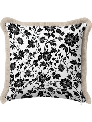 Hanna Home Saçaklı Kırlent Kılıfı Dekoratif Siyah-Beyaz Çiçek Desenli Saçaklı Kırlent Koltuk Takımı Aksesuarı 43X43 cm