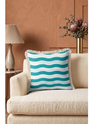 Hanna Home Krem Beyaz Dalgalı Turkuaz Beyaz Dekoratif Kırlent Kılıfı Saçaklı Kırlent Oturma Odası Kırlenti 43X43 cm