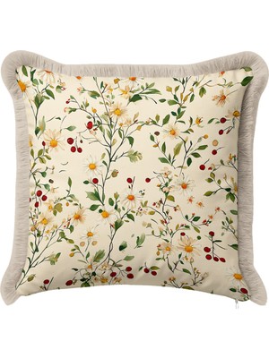 Hanna Home Tropikal Çiçek Desenli Saçaklı Kırlent Kılıfı Saçaklı Kırlent Salon Koltuk Yastığı 43X43 cm
