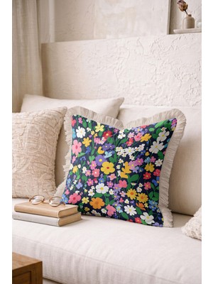 Hanna Home Saçaklı Kırlent Kılıfı Tropikal Çiçek Desenli Kırlent Kılıfı Oturma Odası Kırlenti 43X43 cm