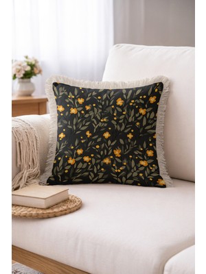 Hanna Home Dekoratif Yastık Kılıfı Siyah Botanik Floral Desenli Yatak Odası Dekoru Saçaklı Yastık Kılıfı 43X43 cm