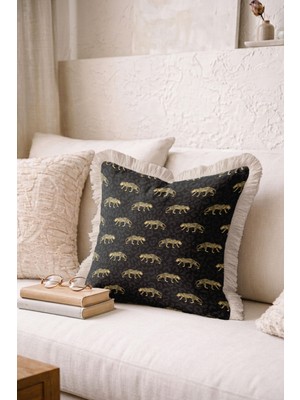 Hanna Home Dekoratif Kırlent Kılıfı Leopar Desenli Siyah Altın Koltuk Takımı Aksesuarı Saçaklı Saçaklı Kırlent 43X43 cm