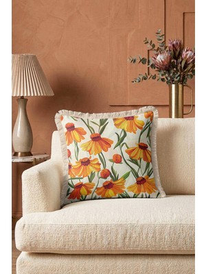 Hanna Home Dekoratif Yastık Kılıfı Kırlent Kılıfı Canlı Çiçek Desenli Ev Dekorasyonu Saçaklı Yastık Kılıfı 43X43 cm