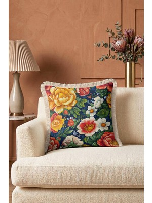 Hanna Home Saçaklı Yastık Kılıfı Çiçek Desenli Dekoratif Yastık Kılıfı Salon Koltuk Yastığı 43X43 cm