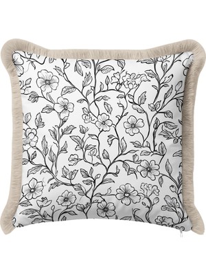 Hanna Home Saçaklı Yastık Kılıfı Beyaz Kırlent Kılıfı Çiçek Desenli Dekoratif Yastık Kılıfı Kanepe Dekorasyonu 43X43 cm