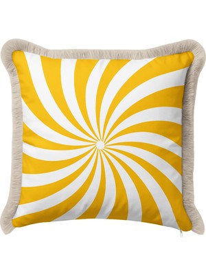 Hanna Home Saçaklı Kırlent Kılıfı Krem Beyaz Sarı Beyaz Spiral Desenli Dekoratif Yastık Kılıfı Salon Koltuk Yastığı 43X43 cm