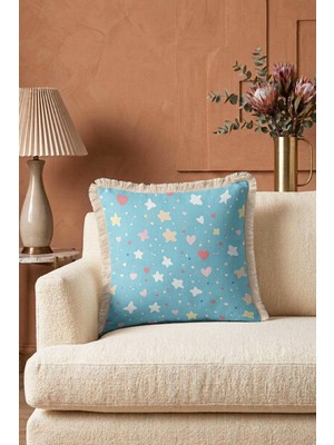 Hanna Home Mavi Kırlent Kılıfı Dekoratif Kırlent Kılıfı Saçaklı Kırlent Oturma Odası Kırlenti 43X43 cm