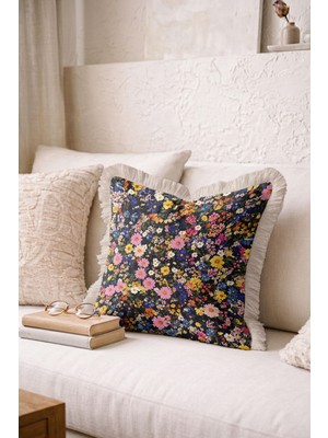 Hanna Home Saçaklı Kırlent Kılıfı Çiçek Desenli Kırlent Kılıfı Ev Dekorasyonu 43X43 cm Çift Taraflı