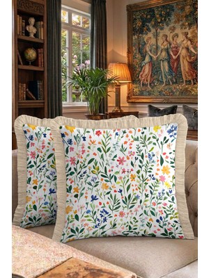 Hanna Home Saçaklı Kırlent Kılıfı Botanik Floral Desenli Saçaklı Kırlent Yatak Odası Dekoru 43X43 cm