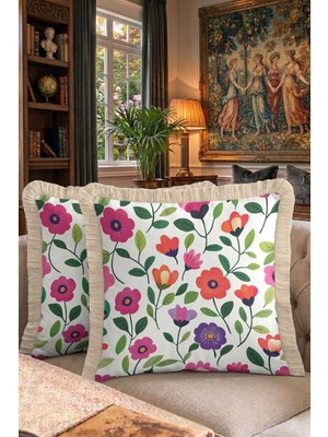 Hanna Home Saçaklı Saçaklı Kırlent Tropikal Çiçek Desenli Dekoratif Yastık Kılıfı Salon Koltuk Yastığı 43X43 cm