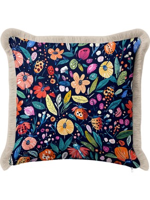 Hanna Home Saçaklı Kırlent Kılıfı Botanik Floral Desenli Dekoratif Yastık Kılıfı Oturma Odası Kırlenti 43X43 cm