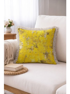 Hanna Home Saçaklı Kırlent Kılıfı Yastık Kılıfı Sarı Mermer Desenli Yastık Kılıfı Yatak Odası Dekoru 43X43 cm